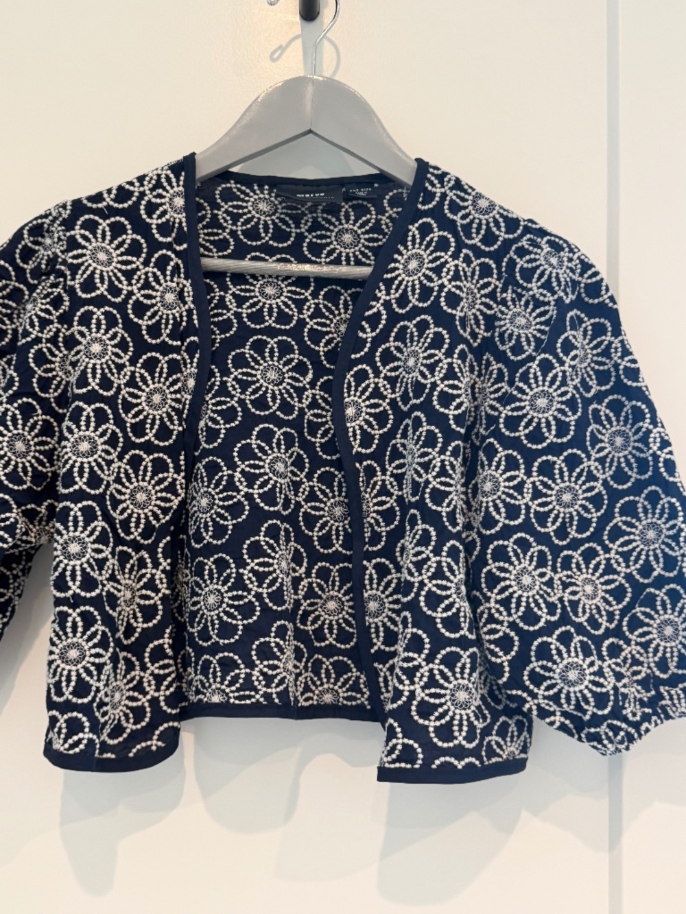 Anthropologie Maeve Navy Blue Embroidered White Floral Short Jacket One Size